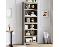 Hoge Boekenkast 6 Lagen - 60x29.5x190cm - Boekenkast Vintage - Verstelbare Planken - Kantelbeveiliging - Open Opbergkast - Voor Woonkamer Kantoor - Grijs