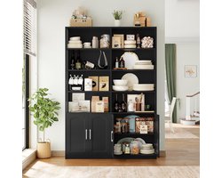Hoge Boekenkast met 12 Vakken en Deuren, Staande Opbergkast en Vitrinekast voor Woonkamer, Kantoor en Keuken, Moderne Design Boekenkast 115 x 27 x 185,5 cm, Zwart
