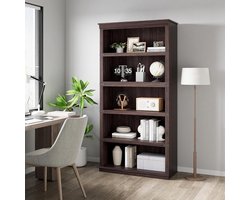 Hoge Boekenkast met 5 Planken - Klassieke Houten Vakkenkast - Opbergkast voor Woonkamer & Kantoor - 171 cm Hoog - Kersenkleur