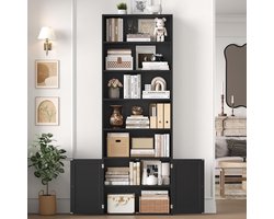 Hoge Boekenkast met 7 Vakjes en Deuren, Multifunctionele Staande Opbergkast, Verstelbare Plank, Moderne Boekenkast voor Woonkamer, Kantoor en Keuken, 209 cm, Wit/Scandinavisch Design