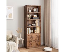 Hoge Boekenkast met Deurtjes - 6 Niveaus - Industrieel Boekenrek met Landelijke Kastdeuren - Rustiek Bruin - Opbergkast voor Woonkamer, Keuken en Kantoor - 181 x 60 x 30 cm