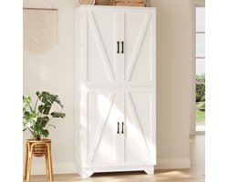 Hoge Buffetkast 80x40x180 cm - 4 Schuurdeuren - Wijnrek - Deurplank - Wit + Naturel