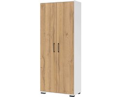 Hoge dichte kantoorkast Discovery Eiken - Wit - Breedte 80 cm - Hoogte 200 cm - Diepte 40 cm - Met lades - Met planken - Met openslaande deuren