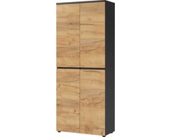 Hoge dichte kantoorkast RIO Eiken - Grafiet - Breedte 80 cm - Hoogte 197 cm - Diepte 40 cm - Met planken - Met openslaande deuren