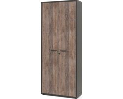 Hoge dichte kantoorkast Roland Zwart - Vintage - Breedte 90 cm - Hoogte 216 cm - Diepte 40 cm - Met planken - Met openslaande deuren