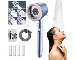 Hoge Druk Douchekop met Filter - Douchekop met 1.5M Slang en Houder - 5 Sproeistanden - Met borstel - Regendouchekop - Waterbesparend douchekop - Douchekop Regendouche - Waterbesparende - Met draaiknop - Voor badkamer - Blauw