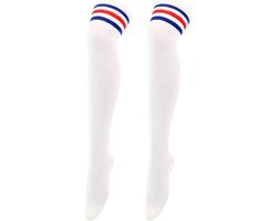 Hoge Gestreepte Kniekousen Meisejs & Dames I Elastische Knie Sokken I Knie Kousen I Verkleedkousen I Rekbaar 60 x 9 CM I One Size S/L I Wit Met Blauw/Rode Strepen