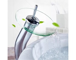 Hoge Glazen Watervalkraan met schijf waar het water afloopt mooi design koopje