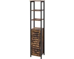 Hoge Kast 37 x 30 x 167 cm Bruin + Zwart, Opbergkast Badkamerkast met Open Vakken en Houten Deuren, Verstelbare Planken, Metalen Frame, Smalle Kast voor Woonkamer, Slaapkamer, Keuken