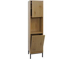 Hoge kast MCW-O42, badkamerkast Badkamerrek Badkamer Kastvakken Wasmand, MDF Melamine 174x39x30cm ~ Houtlook naturel