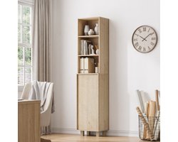 Hoge Kast Met Open Vakken En Deur - Smal Ontwerp Voor Badkamer Wasruimte Keuken - MDF - Eiken