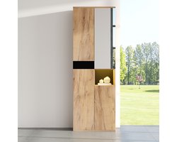 Hoge kast met spiegel - vier deuren en een open opbergvak - zwart en houtkleur - 65 × 35 × 190 cm