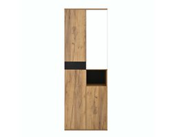 Hoge kast Opbergkast Bijzetkast Met spiegel, LED-verlichting, 4 deuren en 1 open opbergvak Modern minimalistisch ontwerp Eenvoudig te monteren Geschikt voor slaapkamer en garderobe 65 × 35 × 190 cm Naturel + zwart.