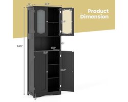 Hoge Kast – Opbergkast – Linnenkast – Badkamerkast – Voorraadkast – Matglazen Deuren – Verstelbare Planken – Zwart MDF – Compact Design 164 cm