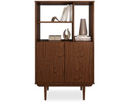 Hoge kast SIMONA met open kast in massief grenen kastanje look - Woonkamer ladekast met 3 open vakken en 2 deuren - Boekenkast met deuren - Retro houten kastfront