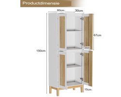 Hoge kast van UEV met 4 deuren, keukenkast, badkamerkast, multifunctionele kast, archiefkast met verstelbare plank, veelzijdig te gebruiken in hal, keuken, bijkeuken, 60x30x150cm, wit + naturel