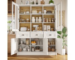 Hoge kasten voor de woonkamer (140×38,5×175cm), vitrinekast, keukenkast, eetkamerkast met lades, moderne minimalistische hoge kast, vrijstaande vitrinekast voor keuken, woonkamer, eetkamer, wit