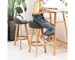 Hoge Keukenbarkruk Set van 2 met Rugleuning | Massief Houten Frame & Voetensteun | Comfortabele Linnen Zitplaats voor Keuken, Bar, Café & Ontbijtbartafels – 70 cm