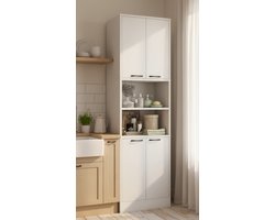 Hoge Keukenkast 190 cm – Opbergkast met 4 Deuren, 2 Open Vakken & 6 Planken – Smalle Keuken Dressoir voor Badkamer, Woonkamer & Bijkeuken – Anti-Kantel Systeem – Wit 30x56x190 cm – Novihome