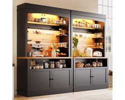 Hoge Keukenkast Vitrinekast 107x43x184 cm - LED Verlichting - USB Laadfunctie - 6 Haken - Open Legplank - Zwart