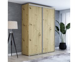 Hoge kledingkast met 2 schuifdeuren - 100 x 242 x 61 cm - decor: ambachtelijk eiken - bruin - Aluminium handgrepen - Interieur met legplanken - en roede - 2 laden - Ergonomische grote schuifkast - Hoge kwaliteitsgarantie - Maja