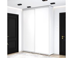 Hoge kledingkast met 2 schuifdeuren - 120x242x45 cm - Wit - Aluminium handgrepen - Interieur met planken en rail - Hoge kwaliteitsgarantie