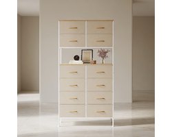Hoge Ladekast met 12 Stoffen Lades, Open Opbergvak & Metalen Frame – Smalle Industriële Commode voor Woonkamer, Hal en Slaapkamer | Mobili Bella