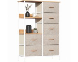 Hoge Ladekast met 7 Stoffen Lades - Multifunctionele Vakkenkast met 2 Open Schappen - Commode & Opbergkast voor Slaapkamer, Hal en Woonkamer - Scandinavisch Design - 80x30x116 cm - Wit/Khaki/Hout