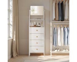 Hoge Ladekast met Verstelbare Spiegel en 4 Stoffen Lades, Veelzijdige Kast voor Slaapkamer, Hal, Gang of Woonkamer, Wit
