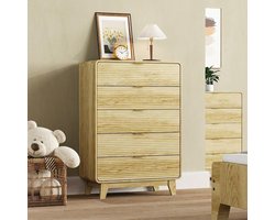 Hoge Moderne Commode met 5 Laden - Luxe Ladekast met Geribbeld Design - Licht Eiken Look met Gouden Handgrepen - Opbergkast voor Slaapkamer & Woonkamer - 117 cm Hoog