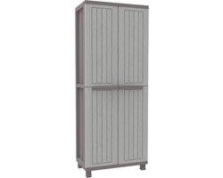 Hoge Opbergkast Buiten & Binnen Kunststof – 68 x 37,5 x 170 cm – 3 Verstelbare Planken – Dubbele Deur – Weerbestendig – Grijs – Garage, Schuur & Tuin