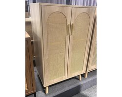 Hoge Rotan Opbergkast met Gebogen Deuren - Elegante Tweedeurs Kast - Moderne Houten Kast voor Woonkamer, Slaapkamer of Hal - Natuurlijk Rotan