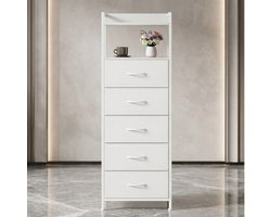 Hoge Smalle Commode met 5 Stoffen Laden – XL Ladekast Opbergkast 40x28x124 cm – Wit Leer – Slaapkamer, Woonkamer & Hal – Mobili Bella