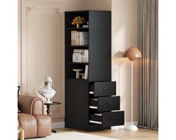 Hoge Smalle Kast - 180 cm - Ruimtebesparende Opbergkast met 3 Zijladen - Verstelbare Planken - Voor Badkamer, Keuken & Woonkamer - zwart