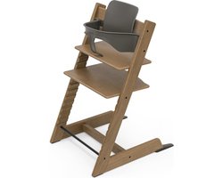 Hoge stoel Tripp Trapp bruin eikenhout babyset Hazy Grey verstelbaar aanpasbaar voor peuters kinderen volwassenen kinderzetel