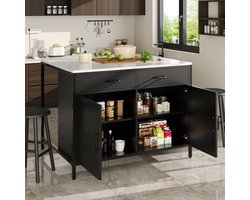 Hoge Tafel - Zwarte Moderne Bartafel met Marmer Print Werkblad & Verstelbare Voeten - Voor Woonkamer of Eetkamer als Koffiebar