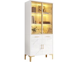 Hoge Vitrinekast - Glazen deuren - APP LED-verlichting - Hoogglans marmerlook - 2 Laden - Metalen poten - Wit