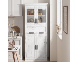 Hoge Vitrinekast / Opbergkast - 170x60x30 cm - Buffetkast met Glazen Deuren, 4 Deuren & 1 Lade - Verstelbare Planken - Woonkamer, Keuken, Eetkamer, Hal