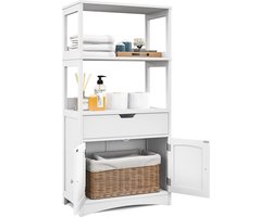 Hoge vrijstaande badkamerkast - moderne multifunctionele kast met lade en 3 open planken - wit badkamerkasten hoog