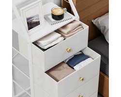 Hoge Witte Ladekast met Spiegel – Smalle Commode met 4 Stoffen Lades – Kledingkast voor Slaapkamer, Hal en Appartement – Ruimtebesparende Opbergkast 147 cm – Mobili Bella