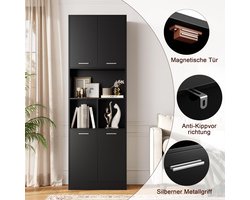Hoge zwarte badkamerkast met 4 deuren en verstelbare planken - Multifunctionele opbergkast voor badkamer, keuken, studeerkamer of woonkamer - Hoge houten vloerkast met open compartimenten en kantelbeveiliging - Meda Home Store