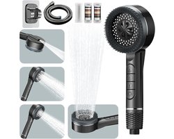 Hogedruk douchekop, waterbesparende douchekop met 4 soorten stralen, antikalk douchekop met 1,5 m doucheslang en douchehouder, met waterstopknop, grijs