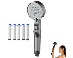 Hogedruk gefilterde douchekop, 5 sproeistanden, draagbare filterdouchekop, ingebouwde hogedrukreiniger, douchekop met 5 filterkernen, pauzeknop met één druk op de knop, Grijs