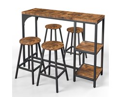 HOKEEPER bartafel met 4 barkrukken – bartafelset voor 4 personen – hoge eettafel met barkrukken – industriële bartafel voor keuken, woonkamer, eetkamer en bar – 120 × 40 × 91,5 cm