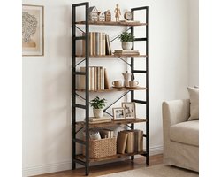 HOKEEPER Boekenkast met 5 Planken - Open Kast - Opbergrek van Hout en Staal - Industrieel Staand Rek voor Woonkamer - Slaapkamer - Kantoor en Keuken - 60 x 34 x 158 cm - Zwart
