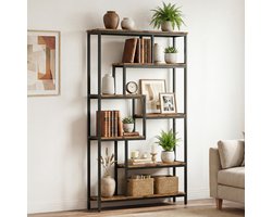 HOKEEPER Boekenkast met 7 Planken - Open Boekenkast - Industrieel Staand Rek - Open Opbergrek - Vakkenkast voor Woonkamer - Slaapkamer - Kantoor - Werkkamer - 98 x 30 x 180 cm - Zwart