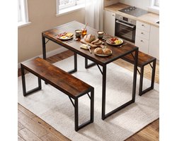 HOKEEPER eettafel met 2 banken – ruimtebesparende eetkamerset – keukentafel met zitbanken – industriële eethoek voor keuken, eetkamer, appartement en restaurant – donkerbruin – 112 × 50 × 74 cm