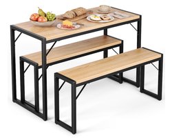 HOKEEPER eettafel met 2 banken – ruimtebesparende eetkamerset – keukentafel met zitbanken – industriële eethoek voor keuken, eetkamer, appartement en restaurant – lichtbruin – 112 × 50 × 74 cm