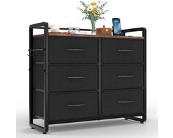 HOKEEPER Ladekast met 6 Stoffen Lades – Opbergkast met Houten Bovenblad – Industrieel Dressoir – Kast met Lades voor Slaapkamer. Woonkamer en Hal – Vintage Zwart – 78.5 x 28 x 69.7 cm
