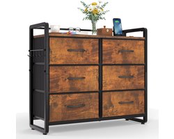 HOKEEPER Ladekast met 6 Stoffen Lades – Opbergkast met Houten Bovenblad – Smalle Ladenkast – Dressoir – Kast met Lades voor Slaapkamer. Woonkamer. Hal en Entree – Vintage Bruin – 78.5 x 28 x 69.7 cm